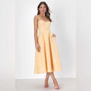Lulu’s Elegant Yellow Embroidered Midi Dress (never worn with tags)